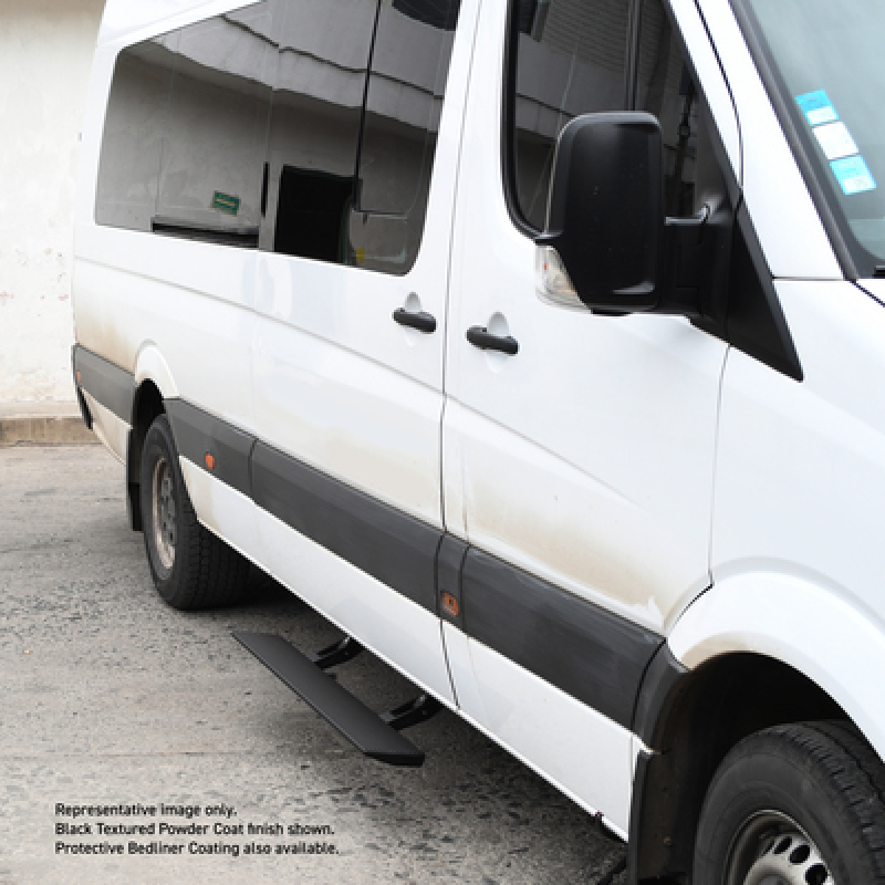 Mercedes-Benz Sprinter 2500 Electric Running Boards - Go Rhino - VoltStep Electric, 6-inch, Bedliner Coating, Integrated LED, Dual-Motor, Magnetically-Activated Door Switches, Automatic Safe-Stop - Black Bedliner Coating - `13-`18